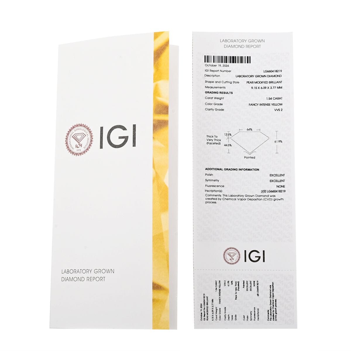 IGI Certified Luxuriant Lab Grown Yellow Diamond (Pear) (VS2) 1.00 ctw image number 4