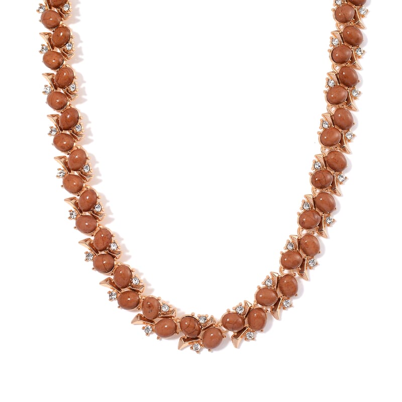 Constituted Brown Howlite and White Austrian Crystal 190.00 ctw Necklace in Goldtone 18-20 Inches