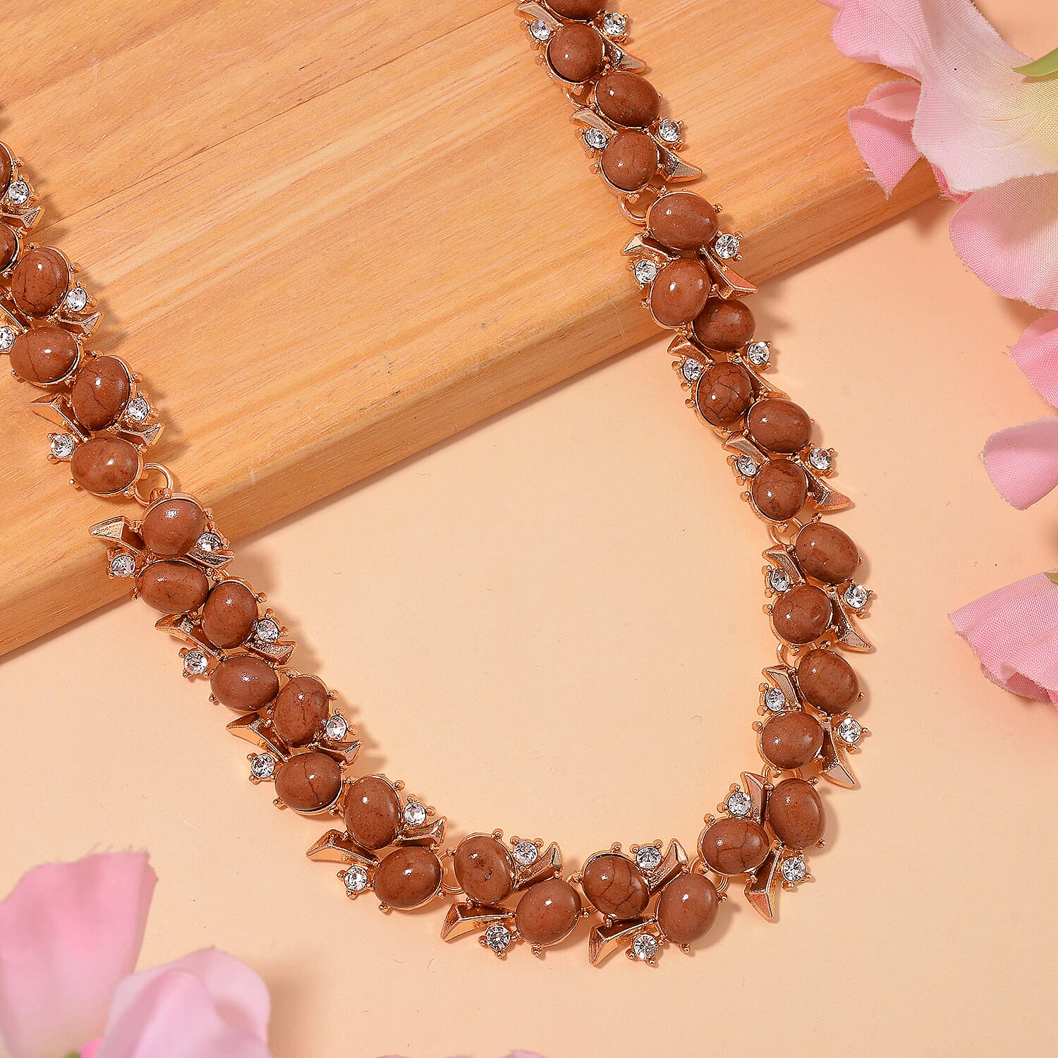 Constituted Brown Howlite and White Austrian Crystal 190.00 ctw Necklace in Goldtone 18-20 Inches