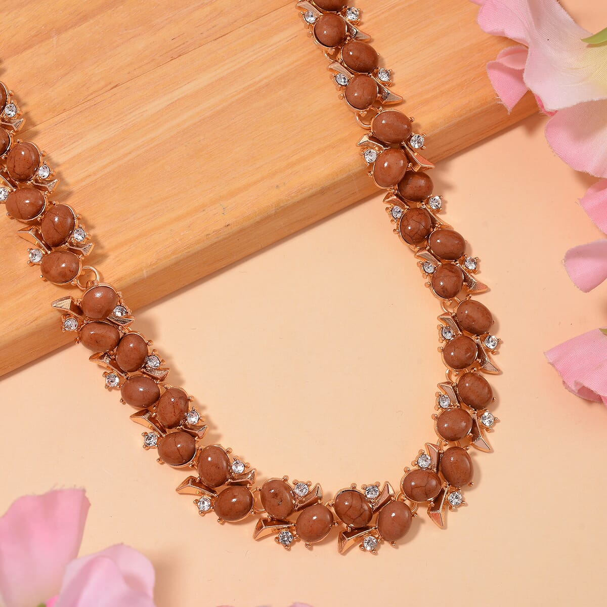 Brown Howlite and White Austrian Crystal 190.00 ctw Necklace in Goldtone 18-20 Inches image number 1