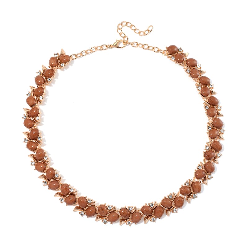 Constituted Brown Howlite and White Austrian Crystal 190.00 ctw Necklace in Goldtone 18-20 Inches