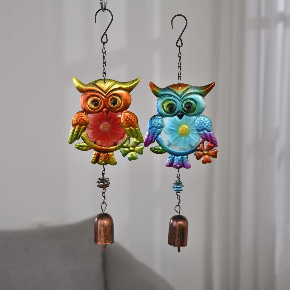 Set of 2 Blue and Green Glass Iron Owl Wind Chime image number 0