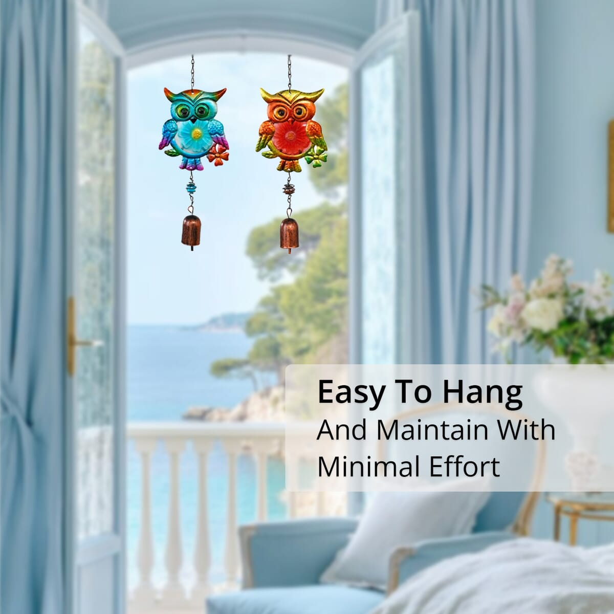 Set of 2 Blue and Green Glass Iron Owl Wind Chime image number 1