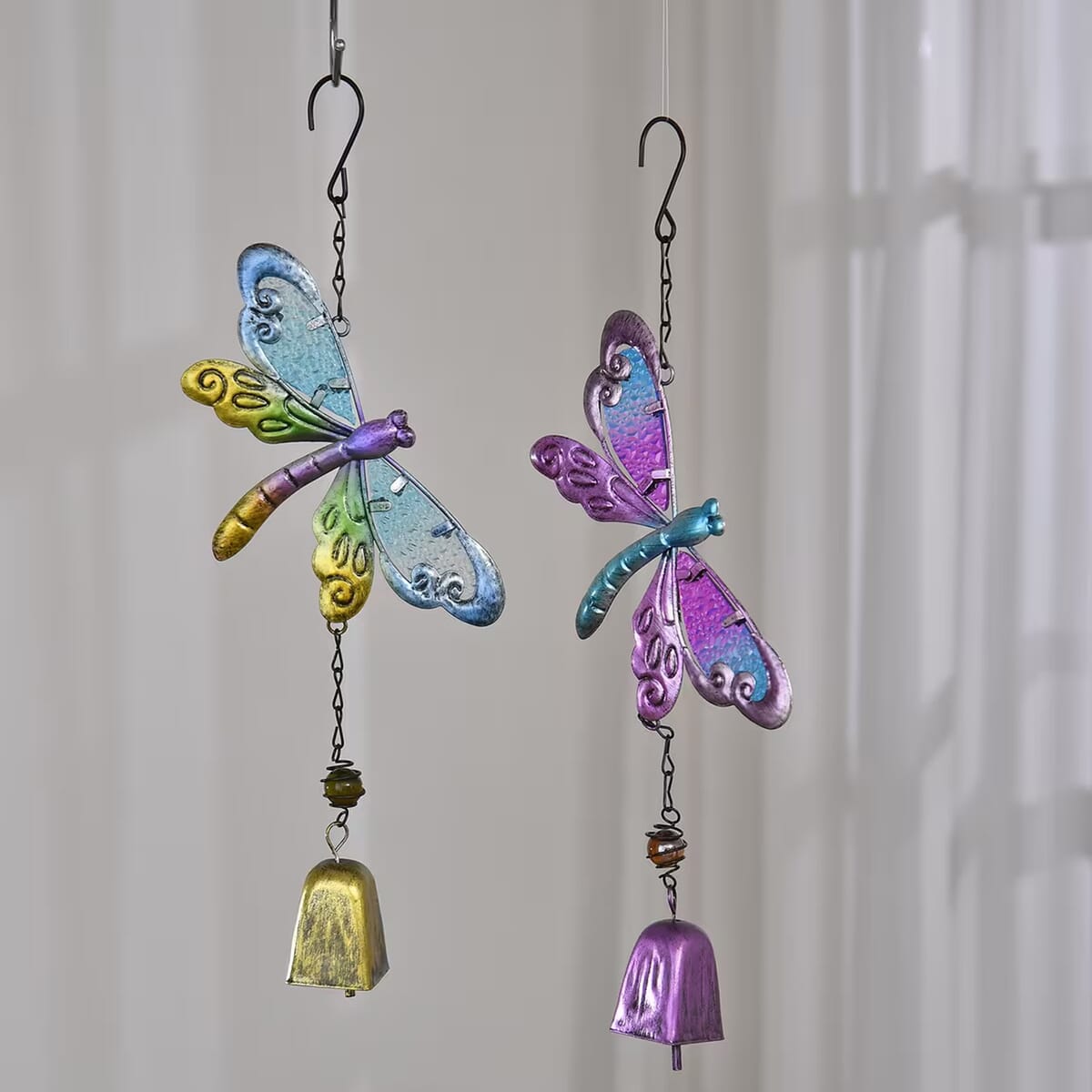 Set of 2 Blue and Purple Glass Iron Dragonfly Wind Chime image number 1