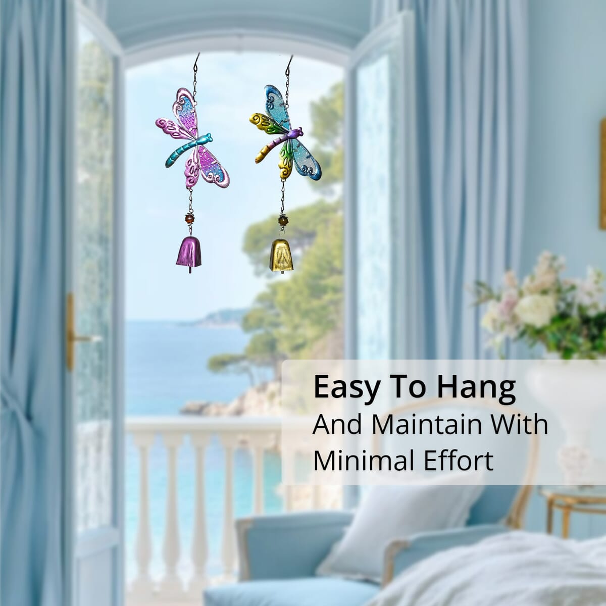 Set of 2 Blue and Purple Glass Iron Dragonfly Wind Chime image number 2