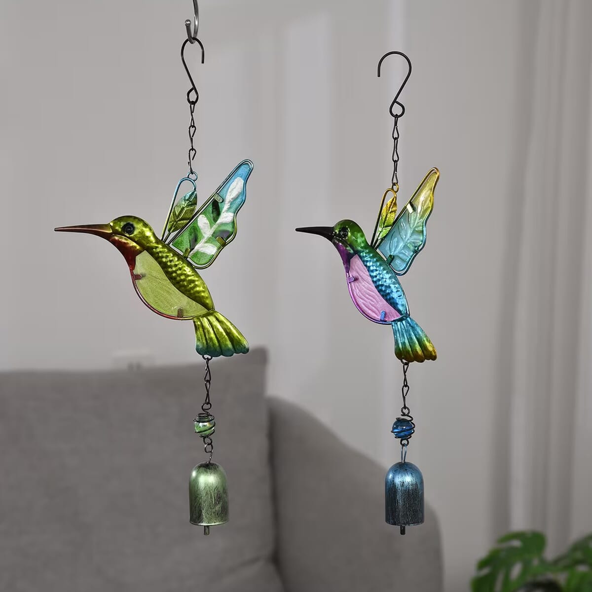 Set of 2 Blue and Blue Glass Iron Bird Wind Chime image number 1