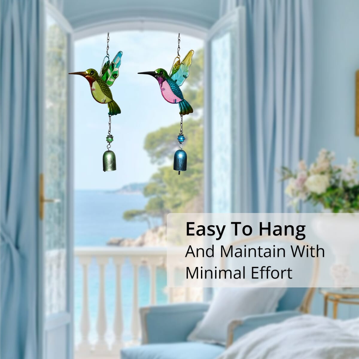 Set of 2 Blue and Blue Glass Iron Bird Wind Chime image number 2