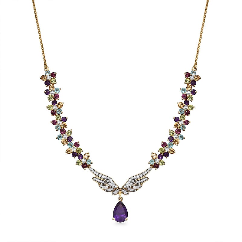 GP Italian Garden Collection African Amethyst and Multi Gemstone 12.85 ctw Angel Wing Necklace 18 Inches in 18K Vermeil YG Over Sterling Silver and ION Plated YG Stainless Steel