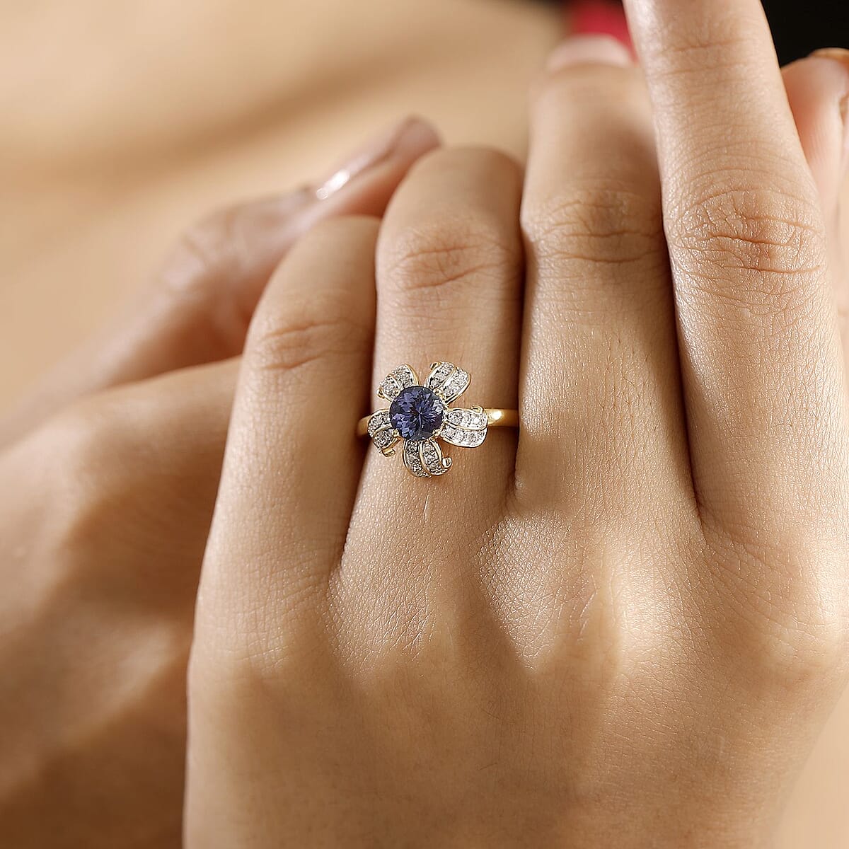 GP Italian Garden Collection Tanzanite and Diamond 1.35 ctw La Campanula Ring in 18K Vermeil Yellow Gold Over Sterling Silver (Size 7.0) image number 2