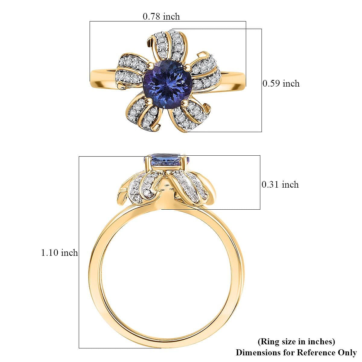 GP Italian Garden Collection Tanzanite and Diamond 1.35 ctw La Campanula Ring in 18K Vermeil Yellow Gold Over Sterling Silver (Size 7.0) image number 5