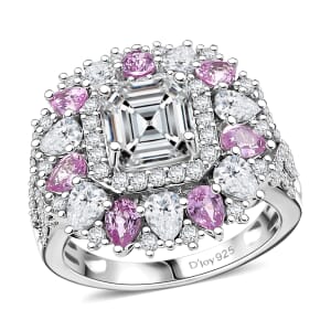 Asscher Cut Moissanite and Madagascar Pink Sapphire 5.00 ctw Majestic Orchid Ring in Rhodium Over Sterling Silver (Size 10.0)