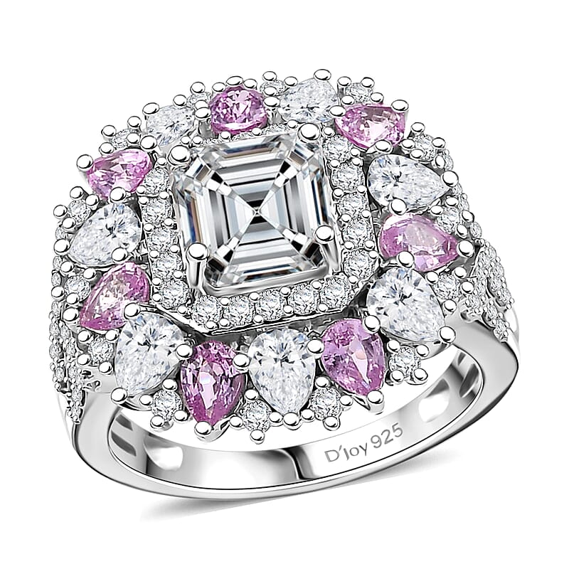 D'Joy Asscher Cut Moissanite and Madagascar Pink Sapphire 5.00 ctw Majestic Orchid Ring in Rhodium Over Sterling Silver (Size 10.0)
