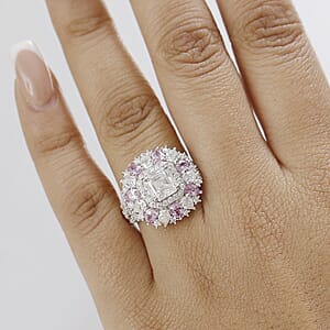 D'Joy Asscher Cut Moissanite and Madagascar Pink Sapphire 5.00 ctw Majestic Orchid Ring in Rhodium Over Sterling Silver (Size 10.0)