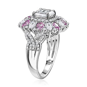D'Joy Asscher Cut Moissanite and Madagascar Pink Sapphire 5.00 ctw Majestic Orchid Ring in Rhodium Over Sterling Silver (Size 10.0)