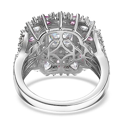 D'Joy Asscher Cut Moissanite and Madagascar Pink Sapphire 5.00 ctw Majestic Orchid Ring in Rhodium Over Sterling Silver (Size 10.0)
