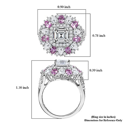 D'Joy Asscher Cut Moissanite and Madagascar Pink Sapphire 5.00 ctw Majestic Orchid Ring in Rhodium Over Sterling Silver (Size 10.0)