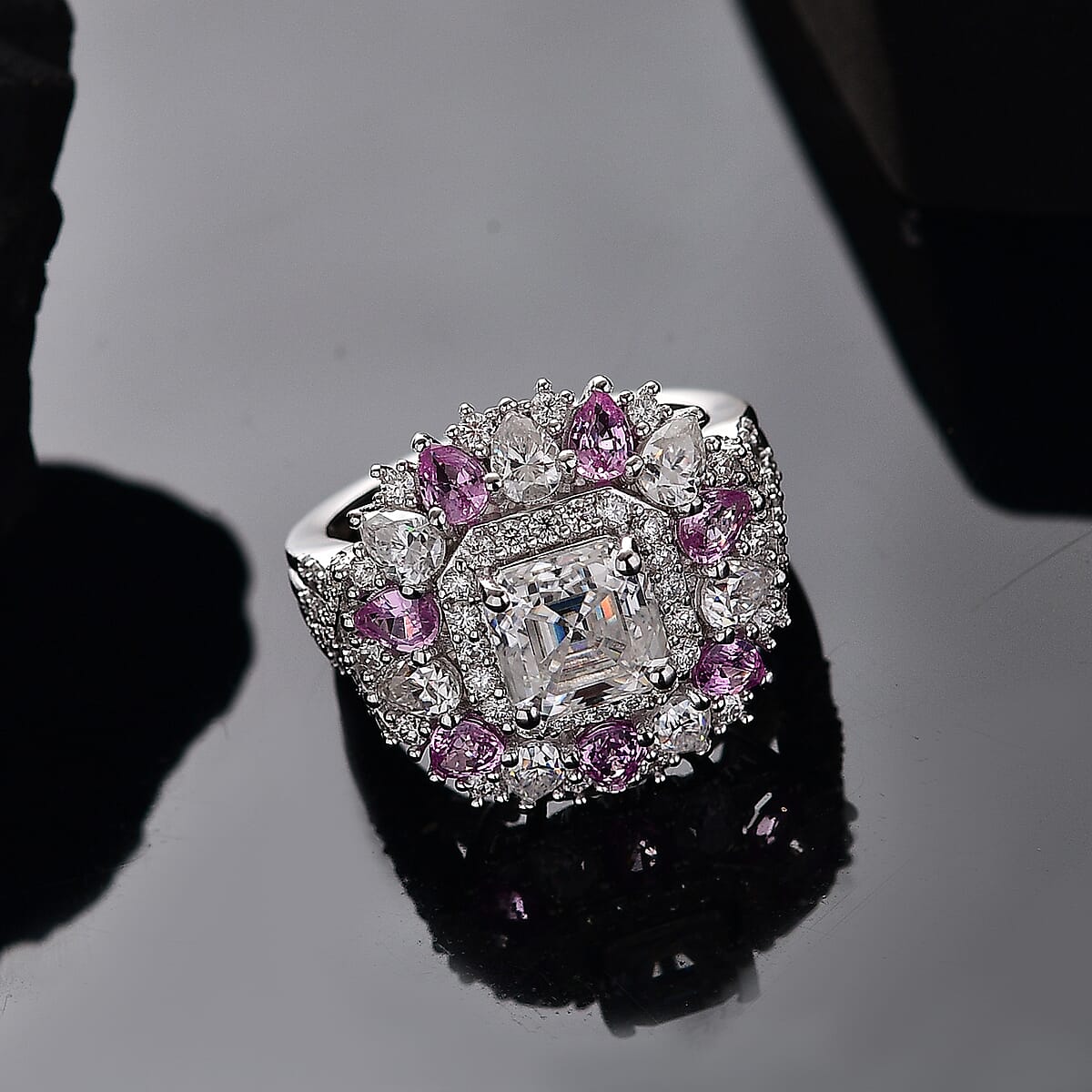 Asscher Cut Moissanite and Madagascar Pink Sapphire 5.00 ctw Majestic Orchid Ring in Rhodium Over Sterling Silver (Size 5.0) image number 1