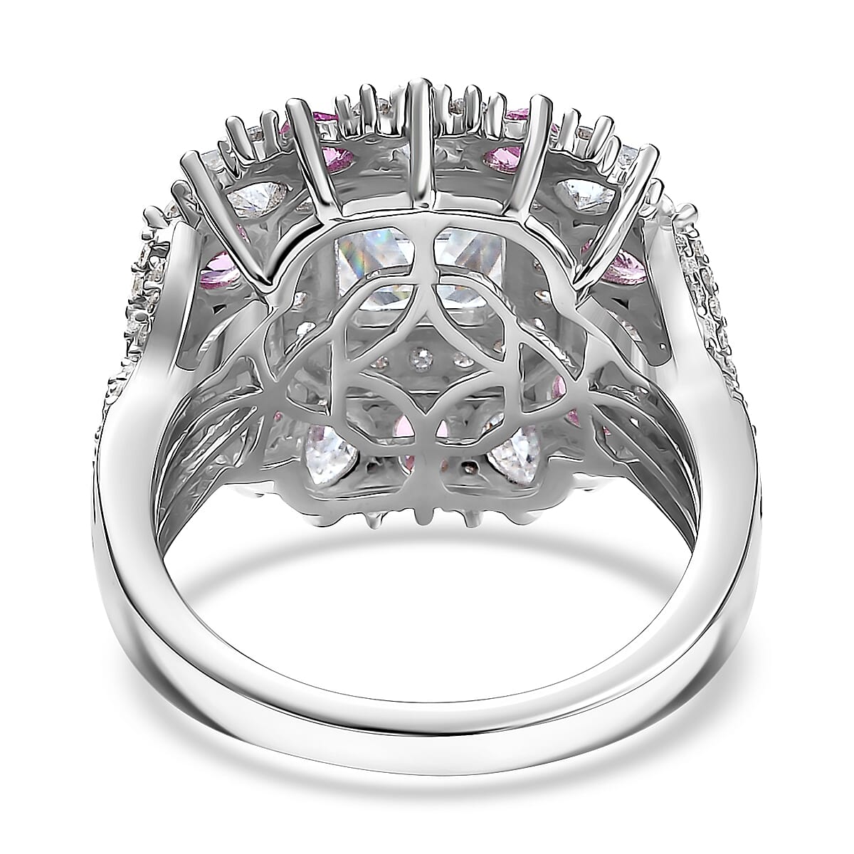 Asscher Cut Moissanite and Madagascar Pink Sapphire 5.00 ctw Majestic Orchid Ring in Rhodium Over Sterling Silver (Size 5.0) image number 4