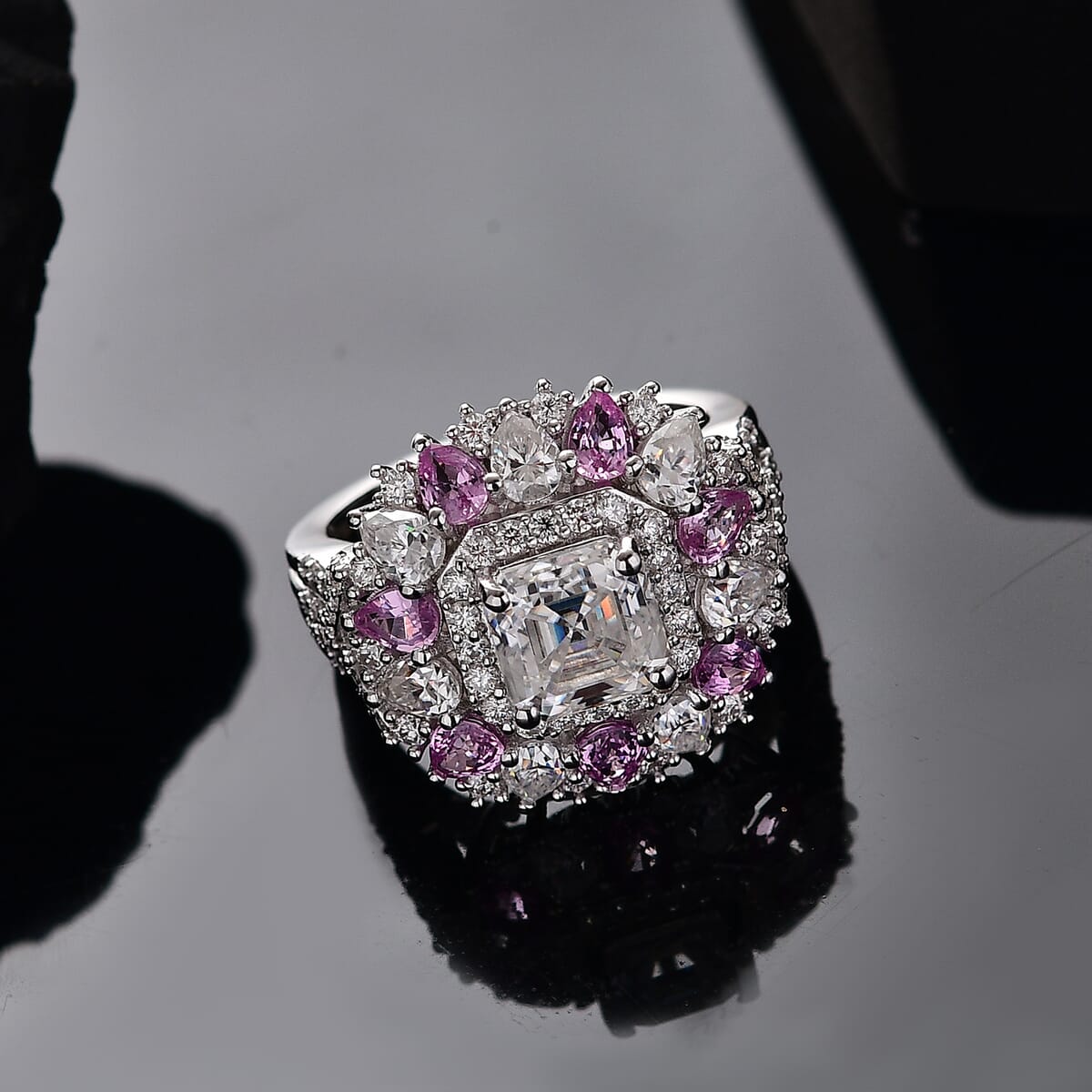 Asscher Cut Moissanite and Madagascar Pink Sapphire 5.00 ctw Majestic Orchid Ring in Rhodium Over Sterling Silver (Size 7.0) image number 1