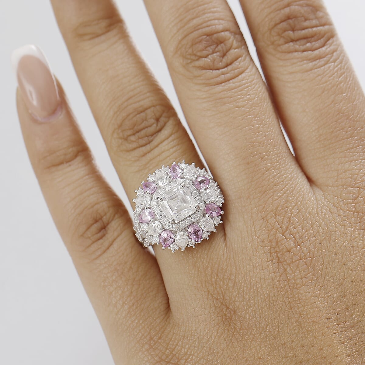 Asscher Cut Moissanite and Madagascar Pink Sapphire 5.00 ctw Majestic Orchid Ring in Rhodium Over Sterling Silver (Size 7.0) image number 2