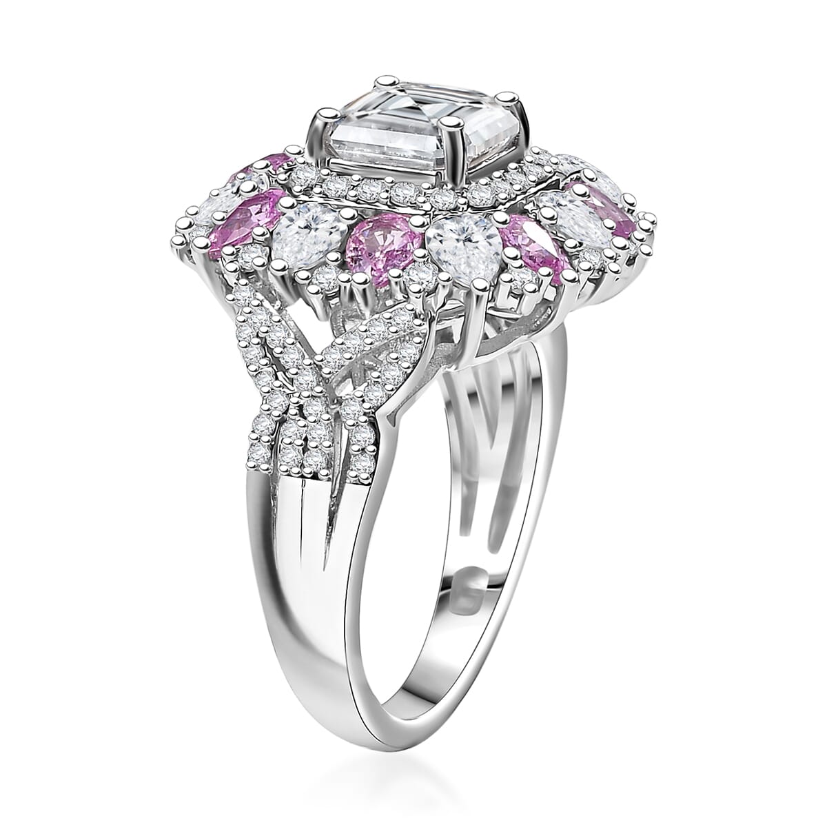 Asscher Cut Moissanite and Madagascar Pink Sapphire 5.00 ctw Majestic Orchid Ring in Rhodium Over Sterling Silver (Size 7.0) image number 3