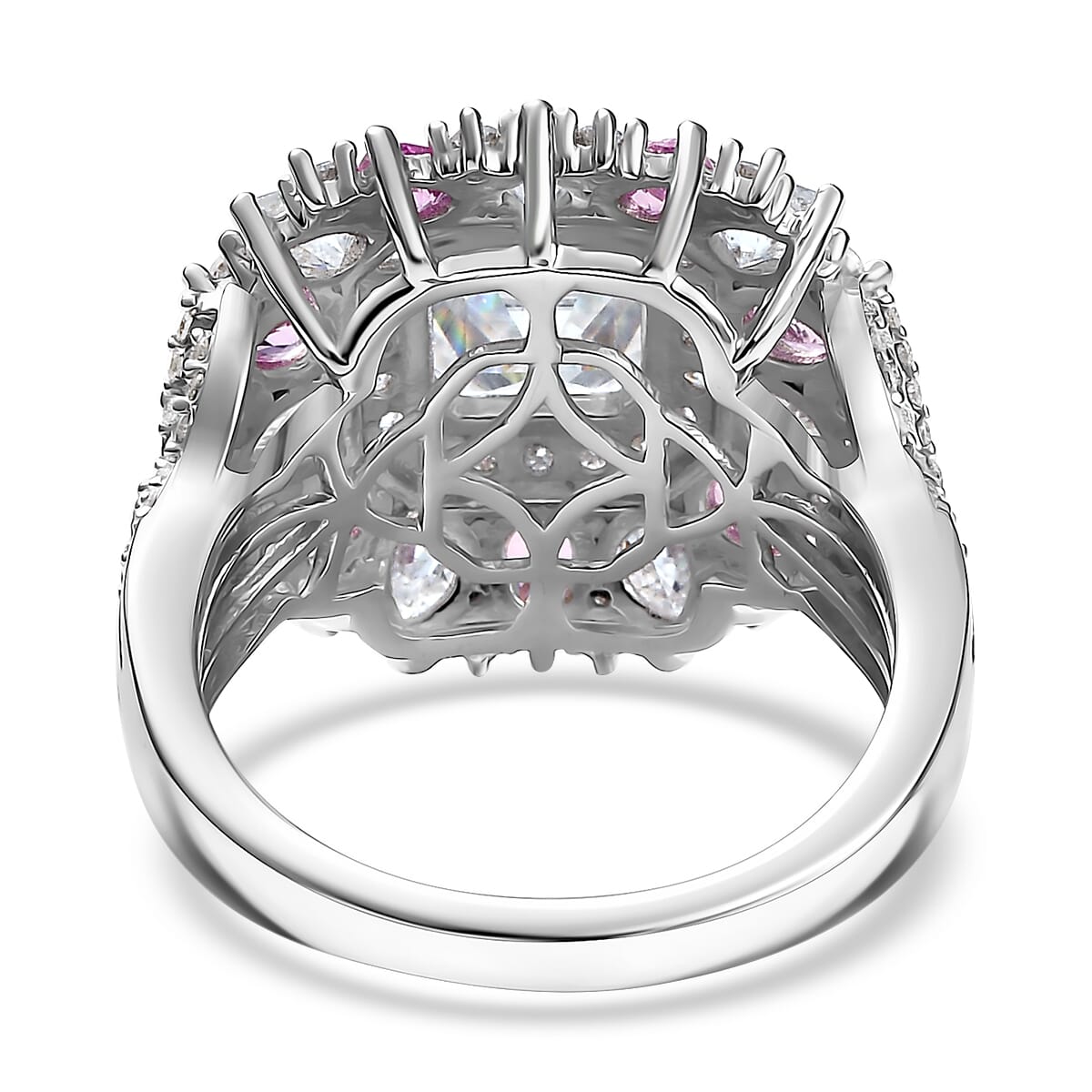 Asscher Cut Moissanite and Madagascar Pink Sapphire 5.00 ctw Majestic Orchid Ring in Rhodium Over Sterling Silver (Size 7.0) image number 4