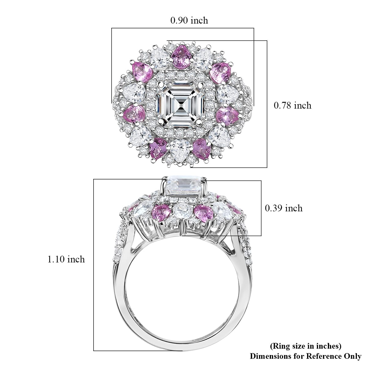Asscher Cut Moissanite and Madagascar Pink Sapphire 5.00 ctw Majestic Orchid Ring in Rhodium Over Sterling Silver (Size 7.0) image number 5
