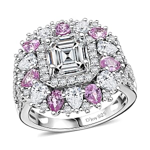 Asscher Cut Moissanite and Madagascar Pink Sapphire 5.00 ctw Majestic Orchid Ring in Rhodium Over Sterling Silver (Size 8.0)