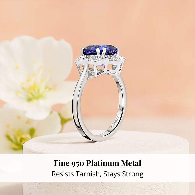 Certified and Appraised Rhapsody AAAA Tanzanite and E-F VS Diamond 4.25 ctw Ring in 950 Platinum (Size 5.0) 7.65 Grams