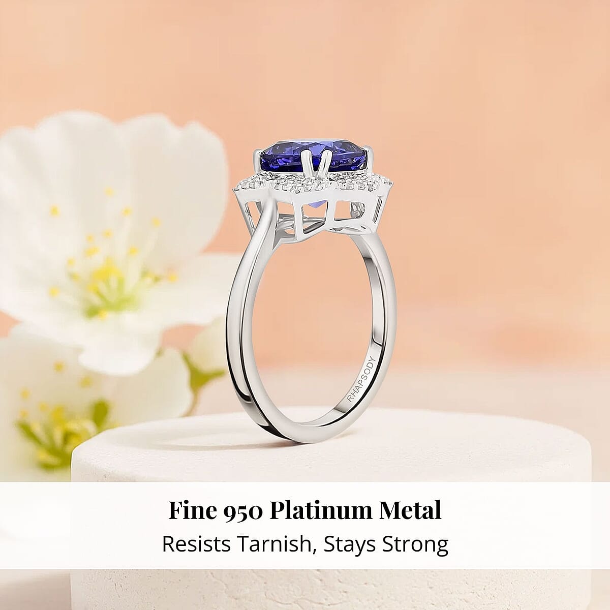 Certified and Appraised Rhapsody AAAA Tanzanite and E-F VS Diamond 4.25 ctw Ring in 950 Platinum (Size 8.5) 7.65 Grams image number 2