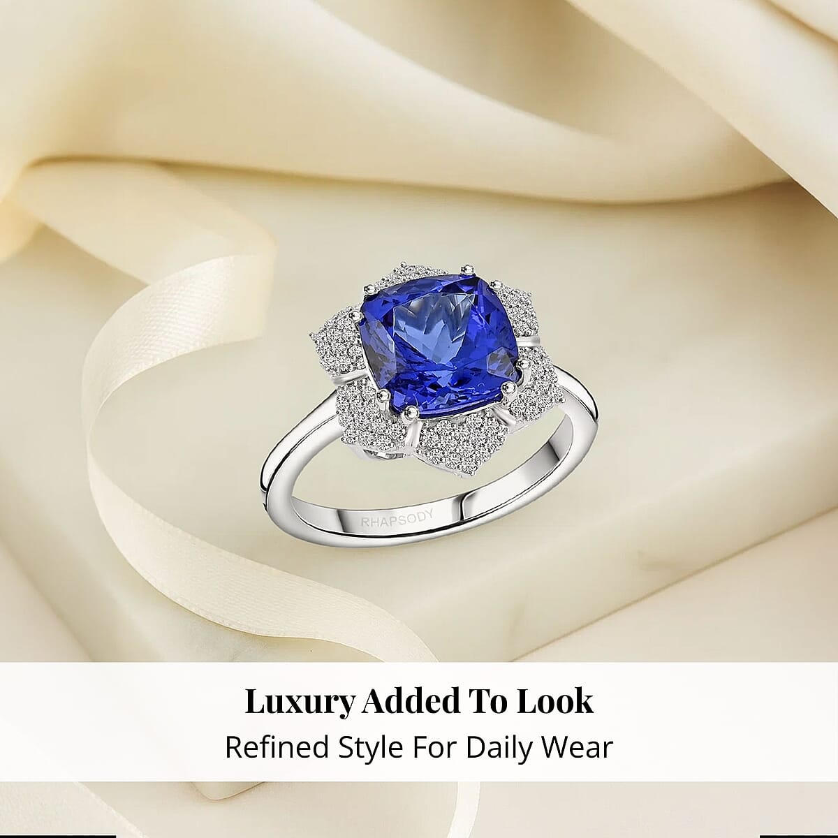 Certified and Appraised Rhapsody AAAA Tanzanite and E-F VS Diamond 4.25 ctw Ring in 950 Platinum (Size 8.5) 7.65 Grams image number 4