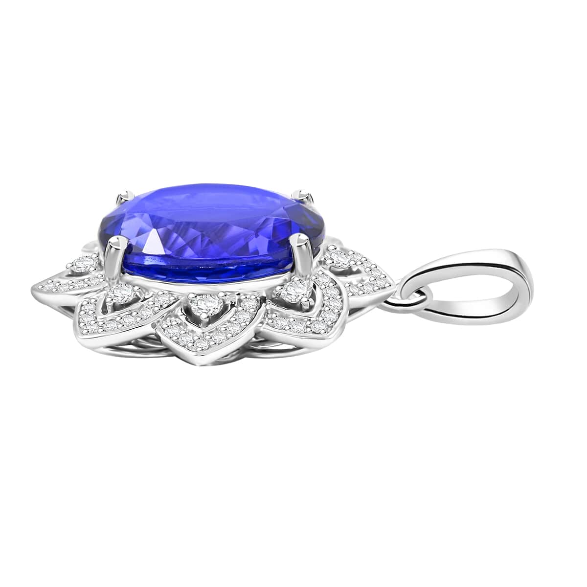 Certified and Appraised Rhapsody AAAA Tanzanite and E-F VS Diamond 6.15 ctw Pendant in 950 Platinum 5.50 Grams image number 3