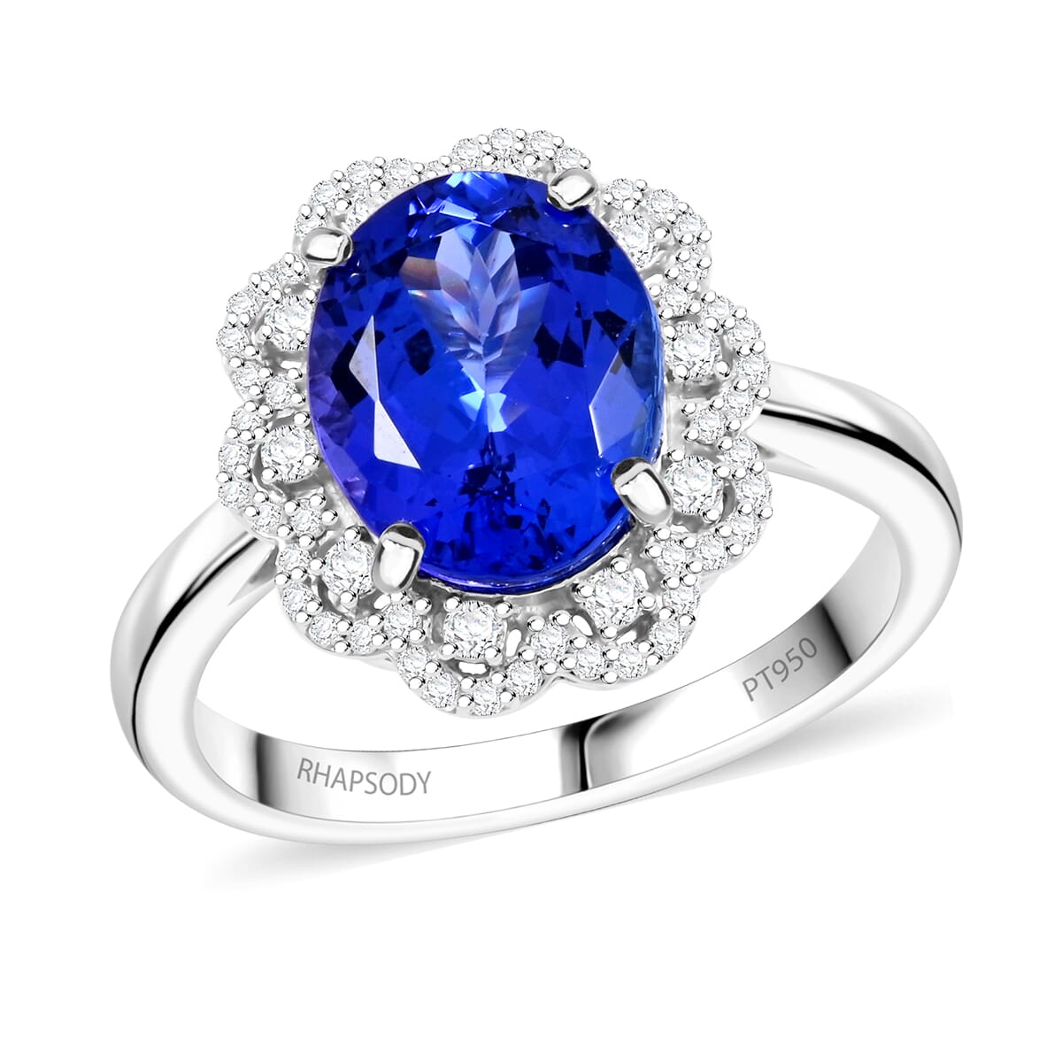 Certified and Appraised Rhapsody 950 Platinum AAAA Tanzanite and E-F VS Diamond 4.25 ctw Ring (Size 6.0) 7.38 Grams image number 0