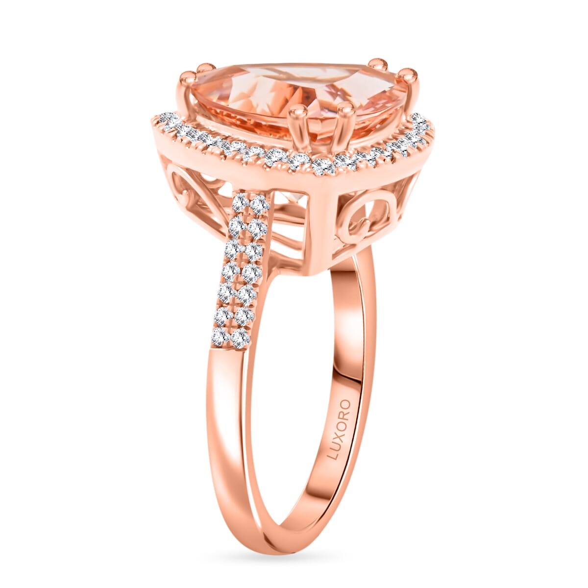 Certified & Appraised Luxoro AAA Marropino Morganite and G-H I2 Diamond 5.15 ctw Ring in 10K Rose Gold (Size 8.0) 4.30 Grams image number 3