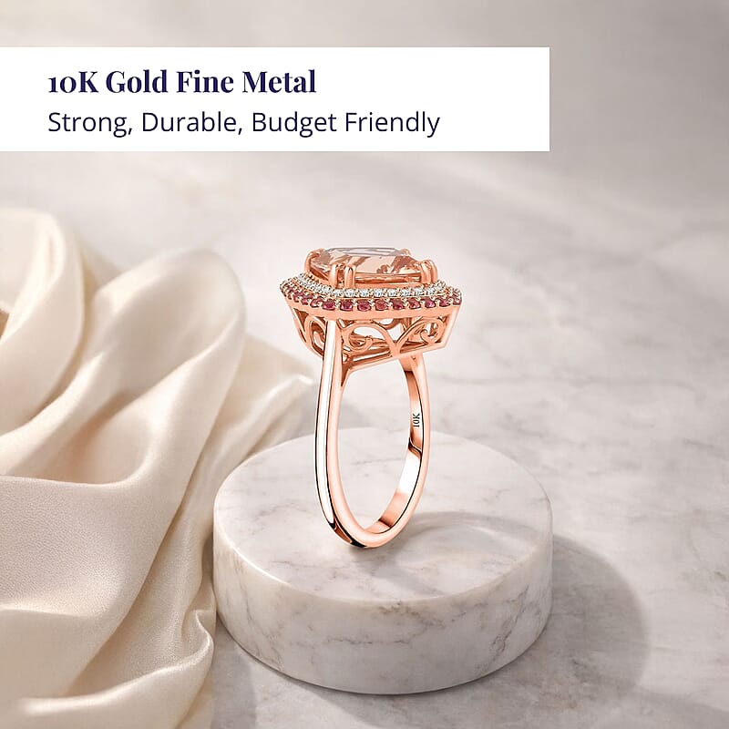 Certified & Appraised Luxoro 10K Rose Gold AAA Marropino Morganite, Padparadscha Sapphire, Diamond (G-H, I2) (0.20 cts) Ring (Size 5.5) (4.35 g) 4.05 ctw