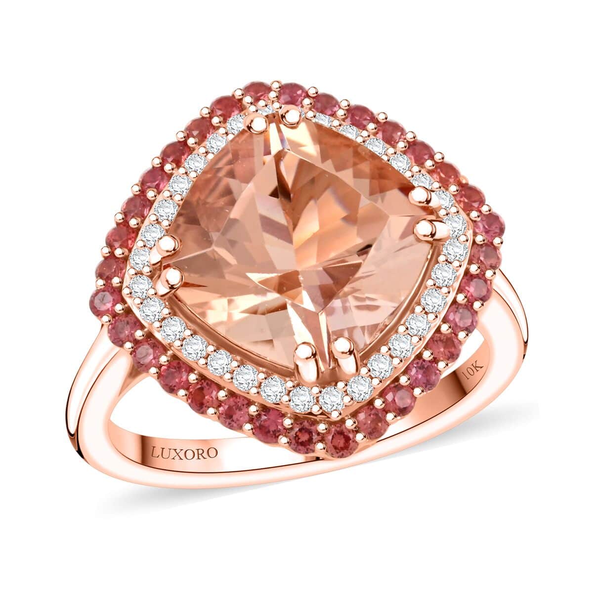 Doorbuster Certified & Appraised Luxoro AAA Marropino Morganite, Padparadscha Sapphire and G-H I2 Diamond 4.05 ctw Ring in 10K Rose Gold (Size 6.0) 4.35 Grams image number 0