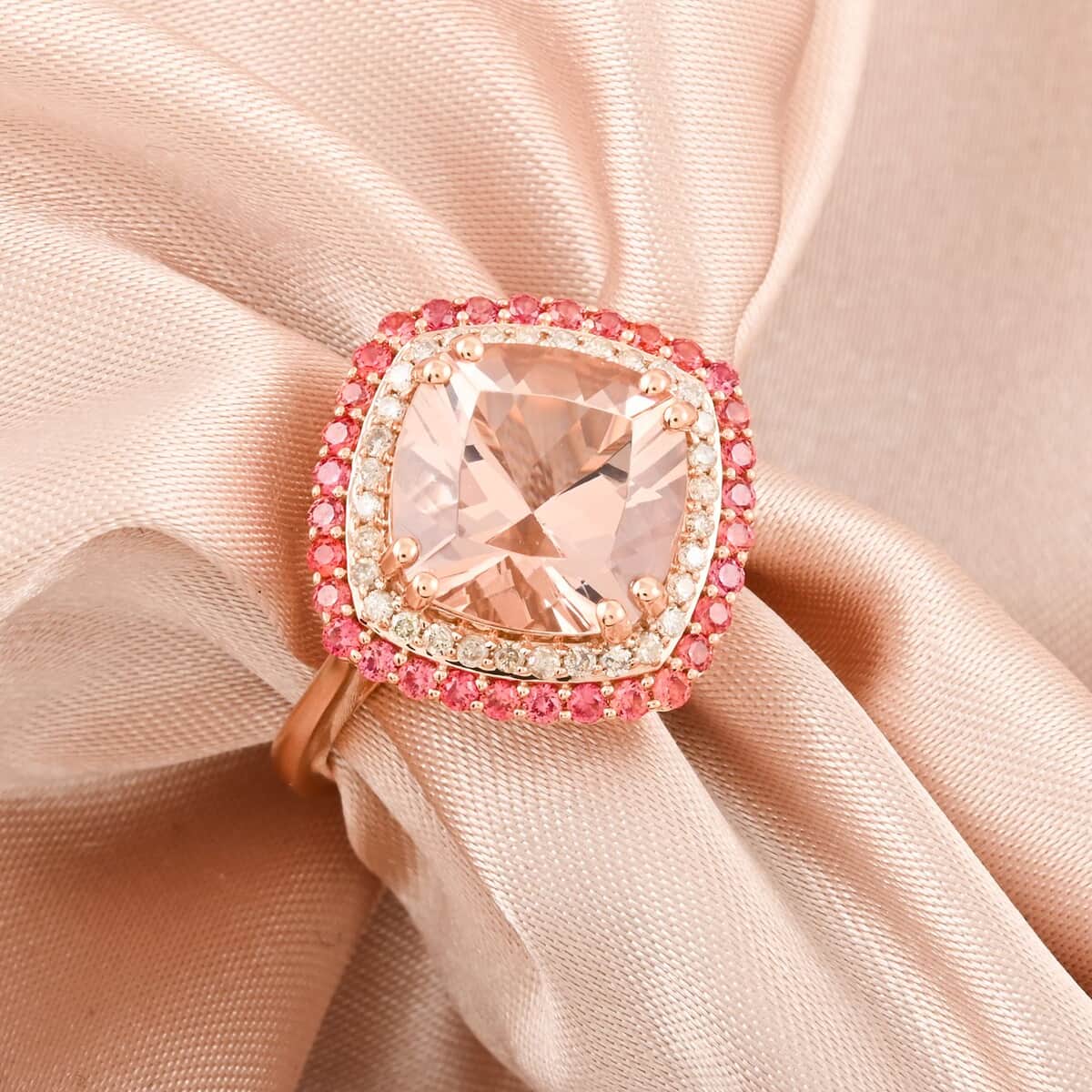 Doorbuster Certified & Appraised Luxoro AAA Marropino Morganite, Padparadscha Sapphire and G-H I2 Diamond 4.05 ctw Ring in 10K Rose Gold (Size 6.0) 4.35 Grams image number 1