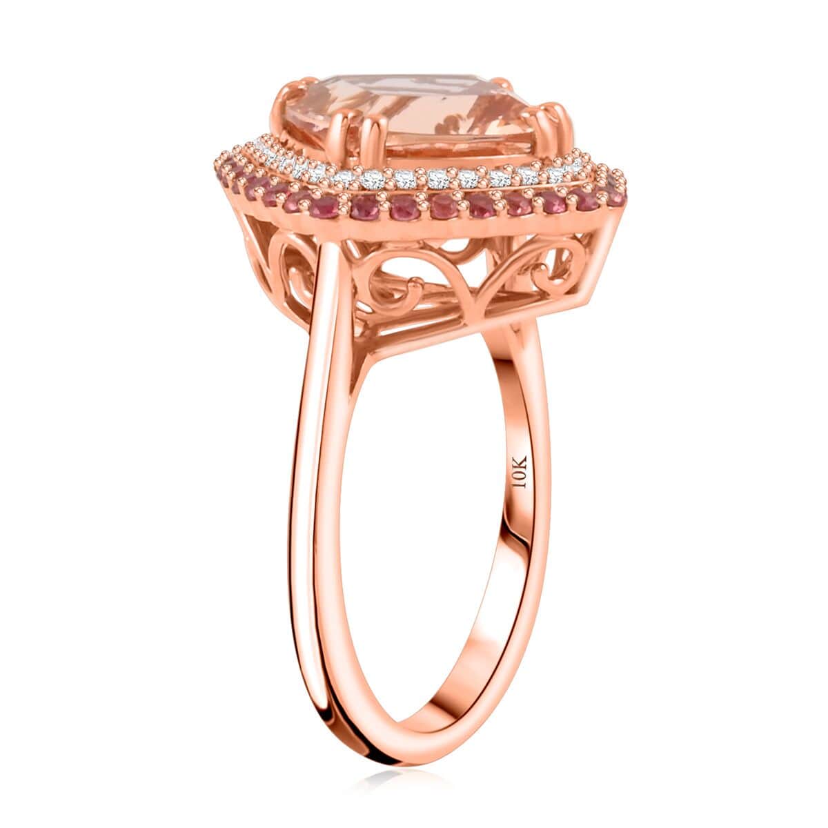 Doorbuster Certified & Appraised Luxoro AAA Marropino Morganite, Padparadscha Sapphire and G-H I2 Diamond 4.05 ctw Ring in 10K Rose Gold (Size 6.0) 4.35 Grams image number 3