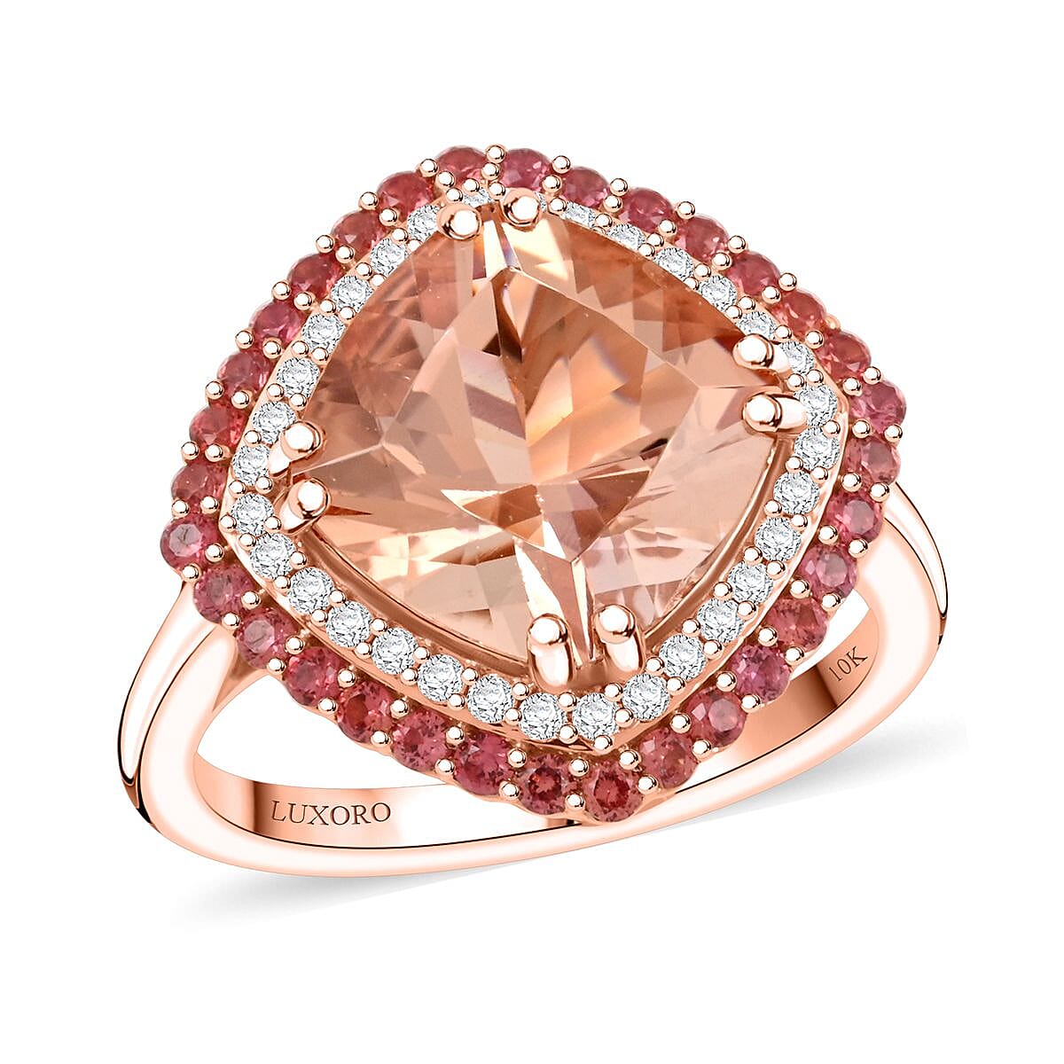 Certified & Appraised Luxoro AAA Marropino Morganite, Padparadscha Sapphire and G-H I2 Diamond 4.05 ctw Ring in 10K Rose Gold (Size 8.0) 4.35 Grams image number 0