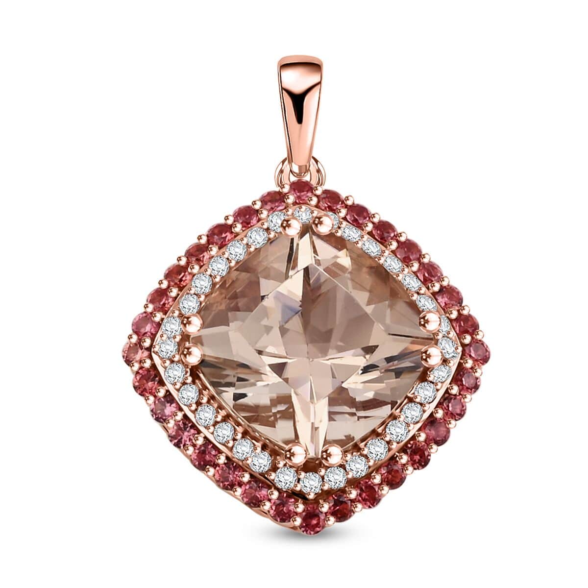 Doorbuster Certified & Appraised Luxoro AAA Marropino Morganite, Padparadscha Sapphire and I2 Diamond 4.05 ctw Pendant in 10K Rose Gold 4.35 Grams image number 0