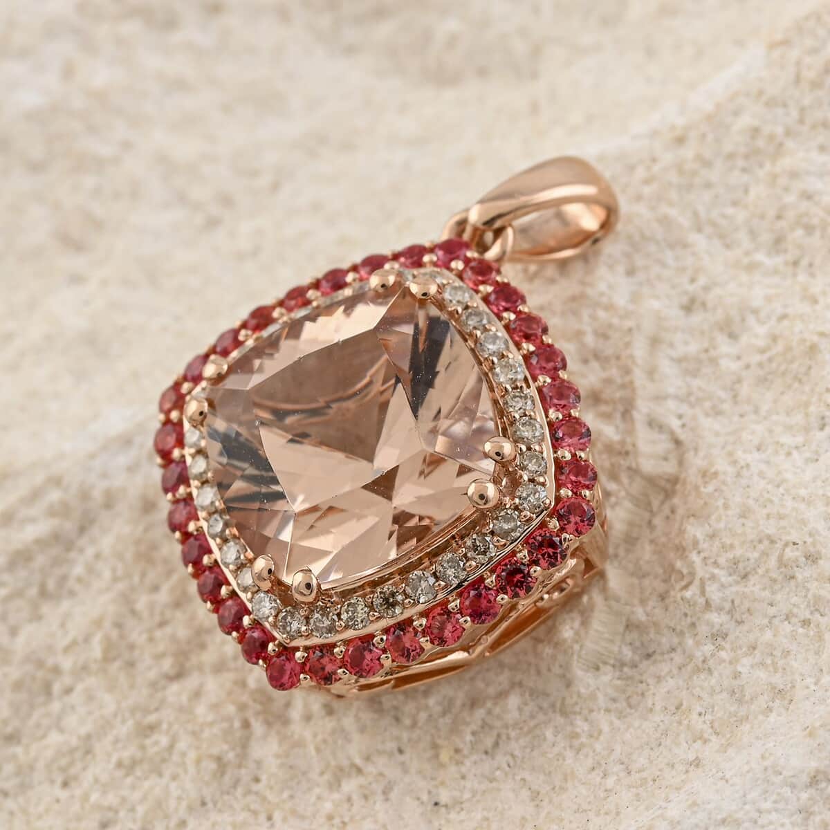 Doorbuster Certified & Appraised Luxoro AAA Marropino Morganite, Padparadscha Sapphire and I2 Diamond 4.05 ctw Pendant in 10K Rose Gold 4.35 Grams image number 1