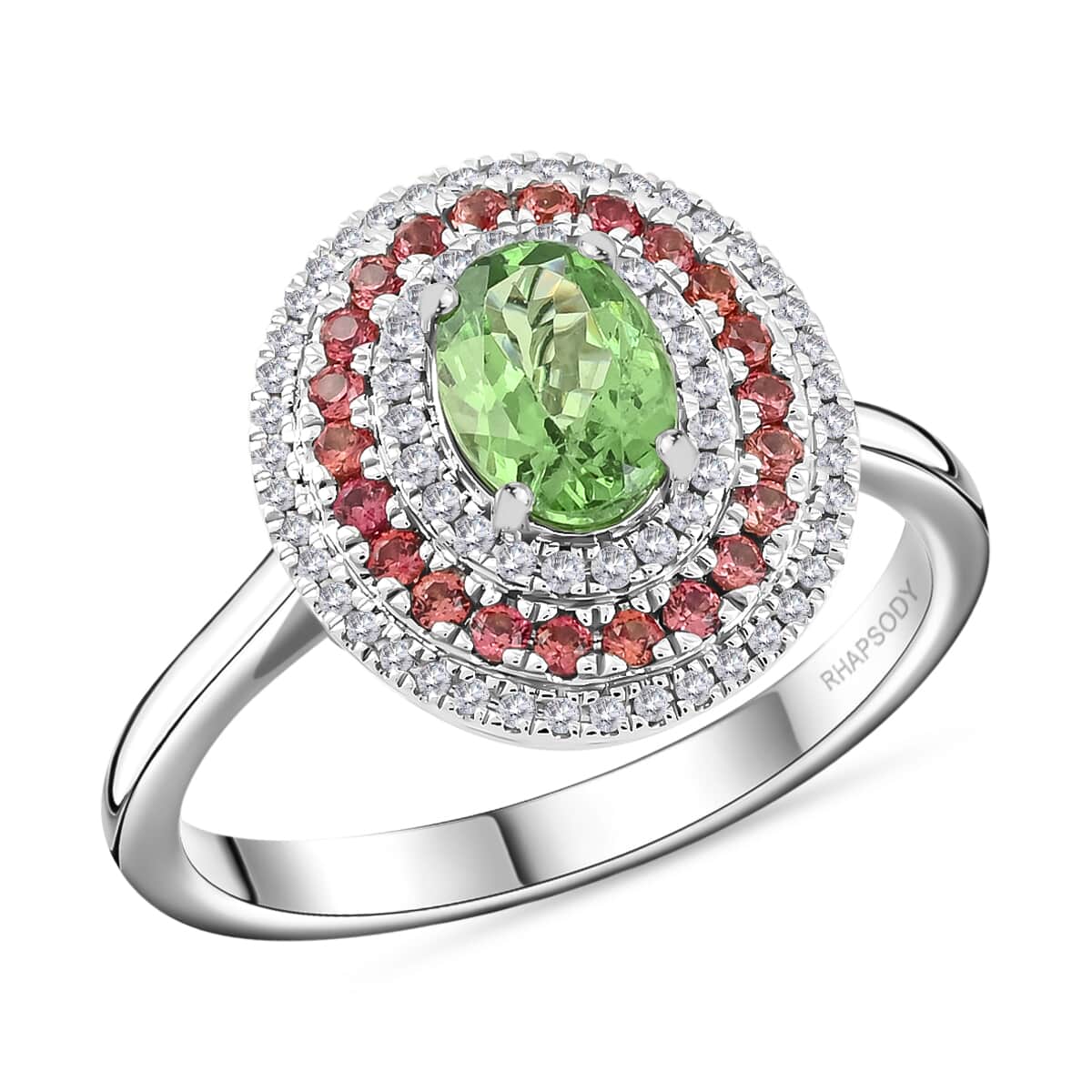 Doorbuster Certified & Appraised Rhapsody AAAA Tsavorite Garnet, Padparadscha Sapphire and E-F VS Diamond 1.75 ctw Ring in 950 Platinum (Size 10.0) 8 Grams image number 0