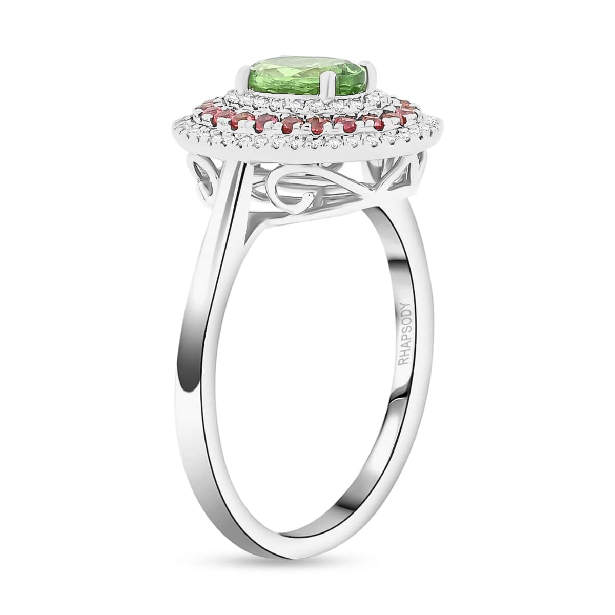 Doorbuster Certified & Appraised Rhapsody AAAA Tsavorite Garnet, Padparadscha Sapphire and E-F VS Diamond 1.75 ctw Ring in 950 Platinum (Size 10.0) 8 Grams image number 3