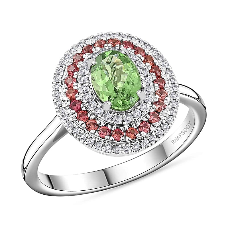 Certified & Appraised Rhapsody AAAA Tsavorite Garnet, Padparadscha Sapphire and E-F VS Diamond 1.75 ctw Ring in 950 Platinum (Size 5.0) 8 Grams