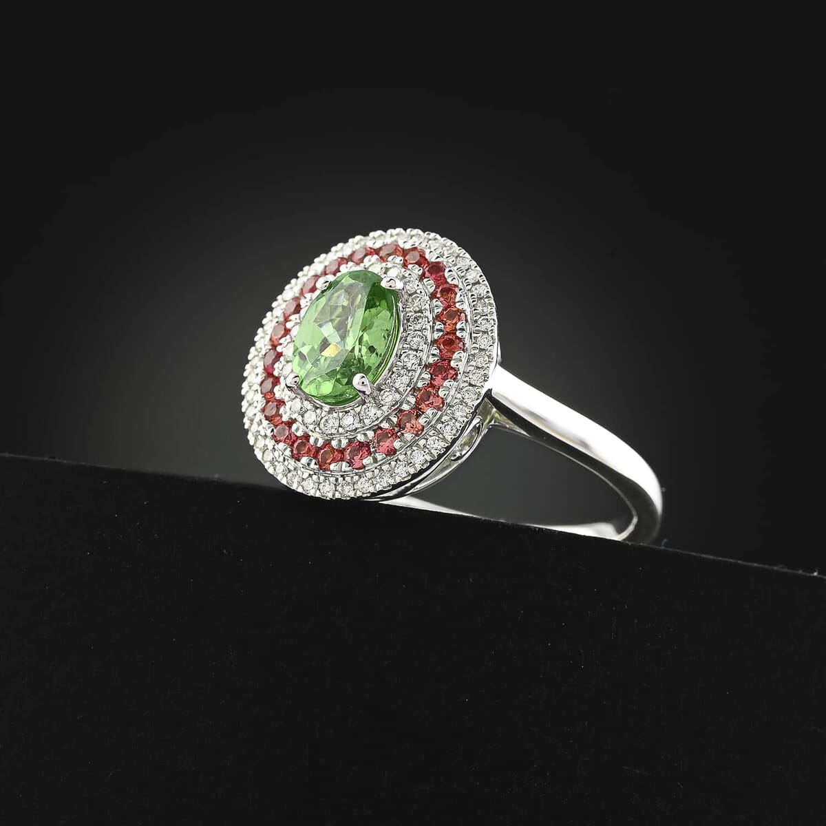 Certified & Appraised Rhapsody AAAA Tsavorite Garnet, Padparadscha Sapphire and E-F VS Diamond 1.75 ctw Ring in 950 Platinum (Size 8.5) 8 Grams image number 1