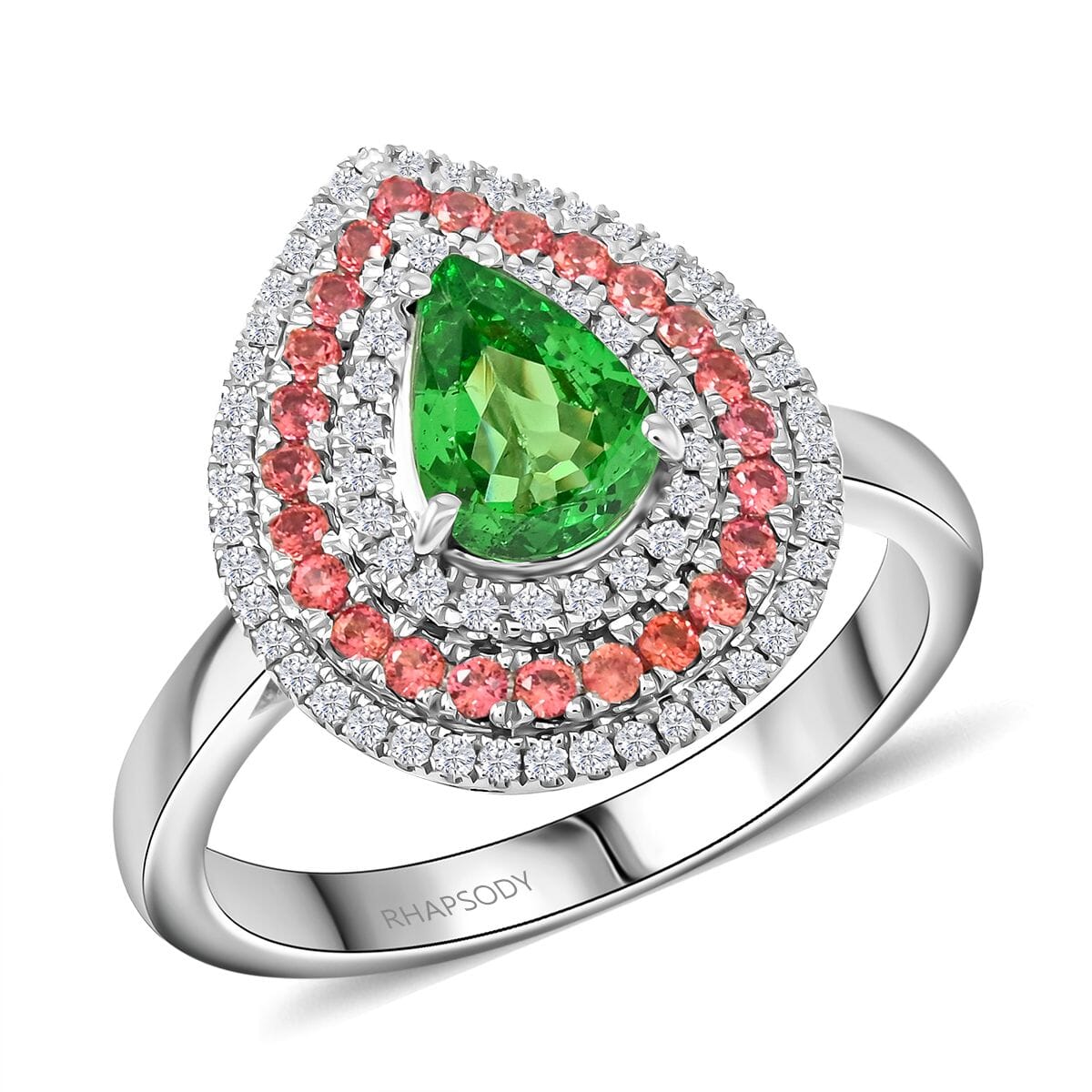 Certified & Appraised Rhapsody AAAA Tsavorite Garnet, Padparadscha Sapphire and E-F VS Diamond 1.85 ctw Ring in 950 Platinum (Size 10.0) 7.85 Grams image number 0