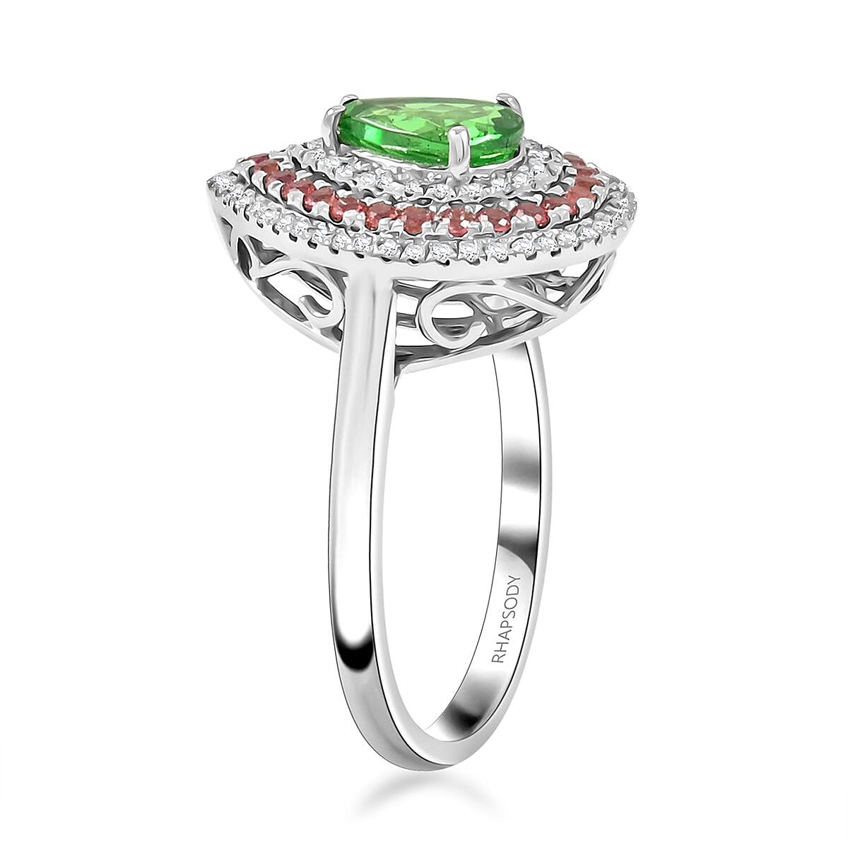 Certified & Appraised Rhapsody AAAA Tsavorite Garnet, Padparadscha Sapphire and E-F VS Diamond 1.85 ctw Ring in 950 Platinum (Size 7.0) 7.85 Grams image number 3
