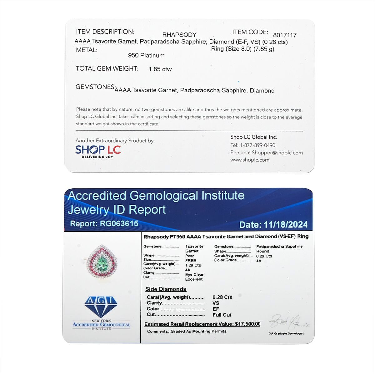 Certified & Appraised Rhapsody AAAA Tsavorite Garnet, Padparadscha Sapphire and E-F VS Diamond 1.85 ctw Ring in 950 Platinum (Size 7.0) 7.85 Grams image number 6