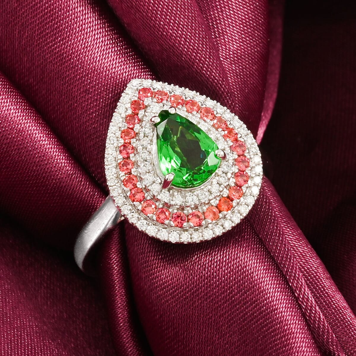 Certified & Appraised Rhapsody AAAA Tsavorite Garnet, Padparadscha Sapphire and E-F VS Diamond 1.85 ctw Ring in 950 Platinum (Size 9.0) 7.85 Grams image number 1