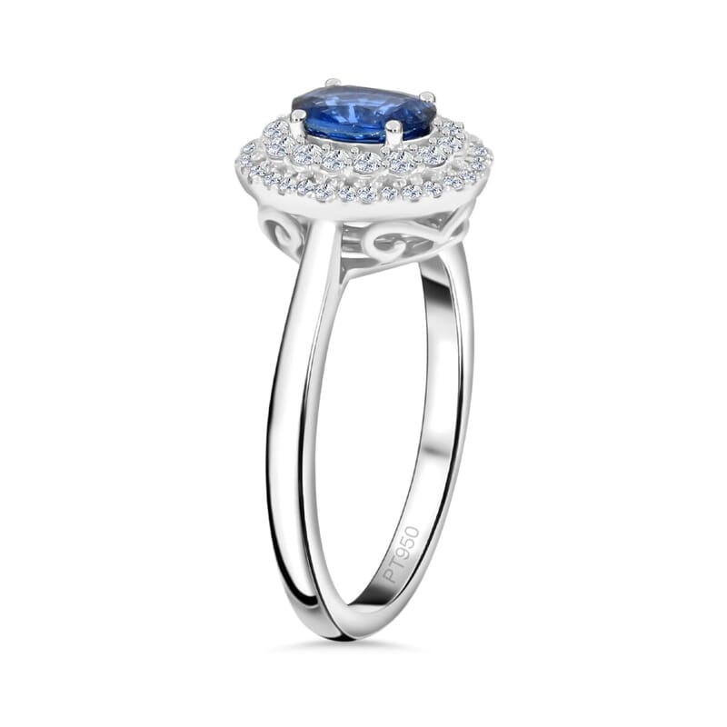 Certified & Appraised Rhapsody AAAA Andranondambo Blue Sapphire and E-F VS Diamond 1.45 ctw Double Halo Ring in 950 Platinum (Size 10.0) 6.20 Grams